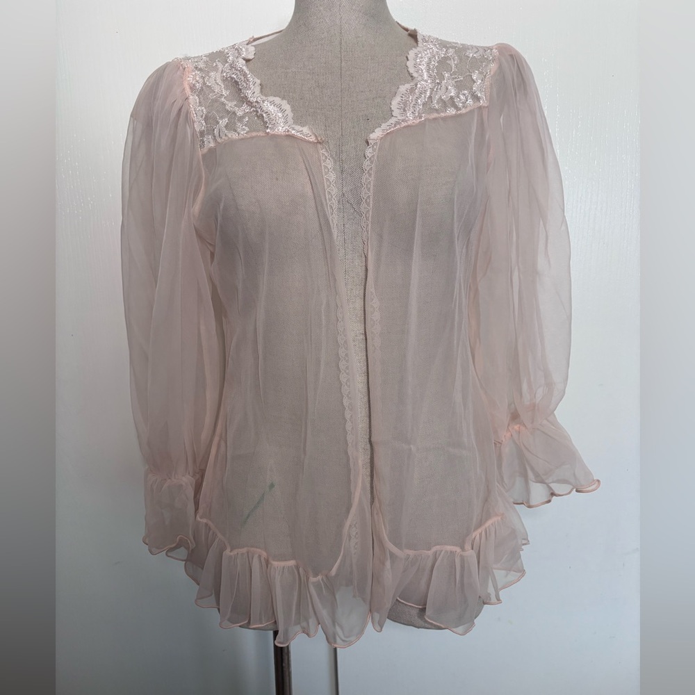 Vtg 60s Sheer Pink Chiffon Bedjacket Lace Ruffle Coquette Peignoir Robe Top
